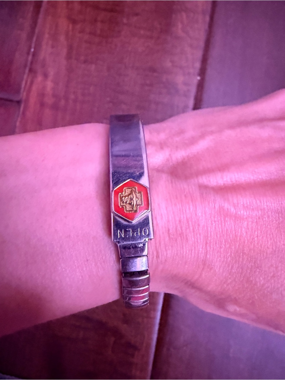 Silver-tone Medical Alert Bracelet with Red Shield Emblem